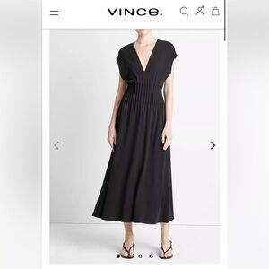 Vince Pintuck Cotton V-Neck Dress